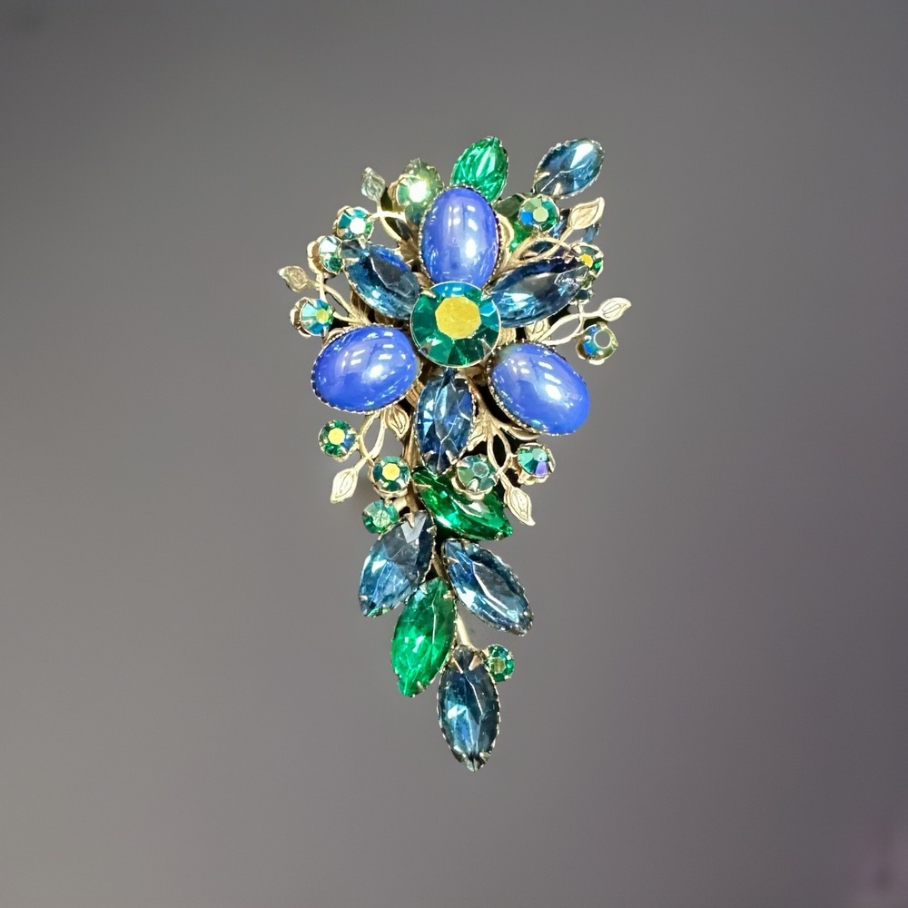 Vintage Cathe Blue & Green Rhinestone Flower Spray Brooch Pin – 3" Long